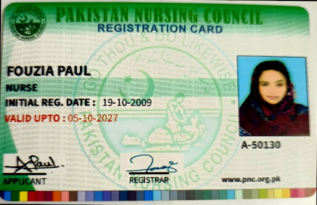 A photo of Fouzia Paul's Registration Card from the Pakistan Nursing Council.